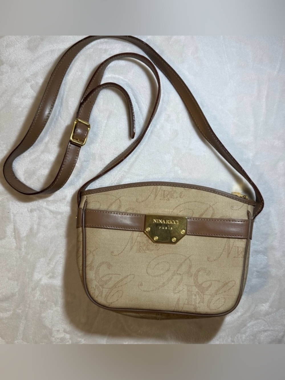 Vintage Nina Ricci‎ Paris Logo Canvas Crossbody Italy Brown Leather